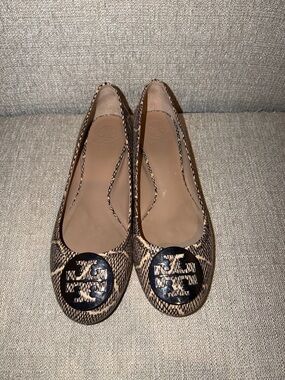 Tory Burch Reva Snake-Print Leather Ballet Flat with Silver Logo
